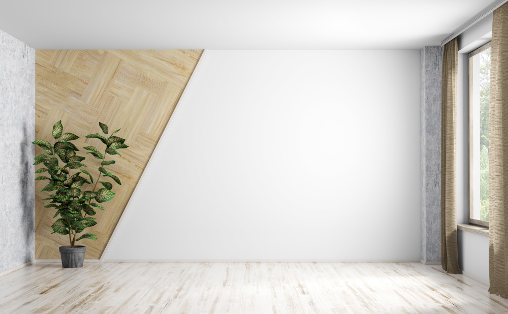 Empty room interior background, white wall, wooden panelling and pot plant 3d rendering