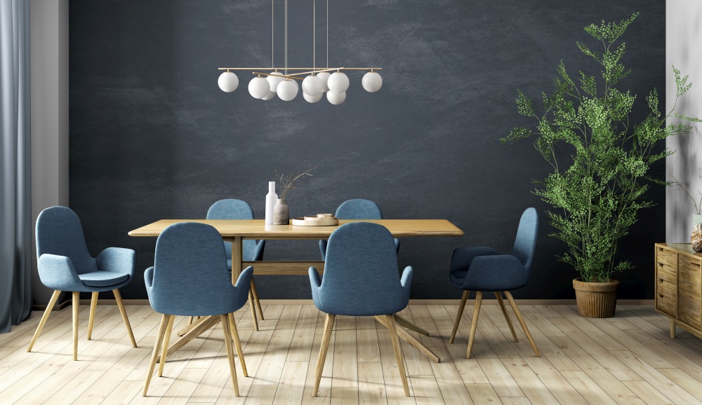 Interior design of modern dining room, wooden table and blue chairs against black concrete wall 3d rendering
