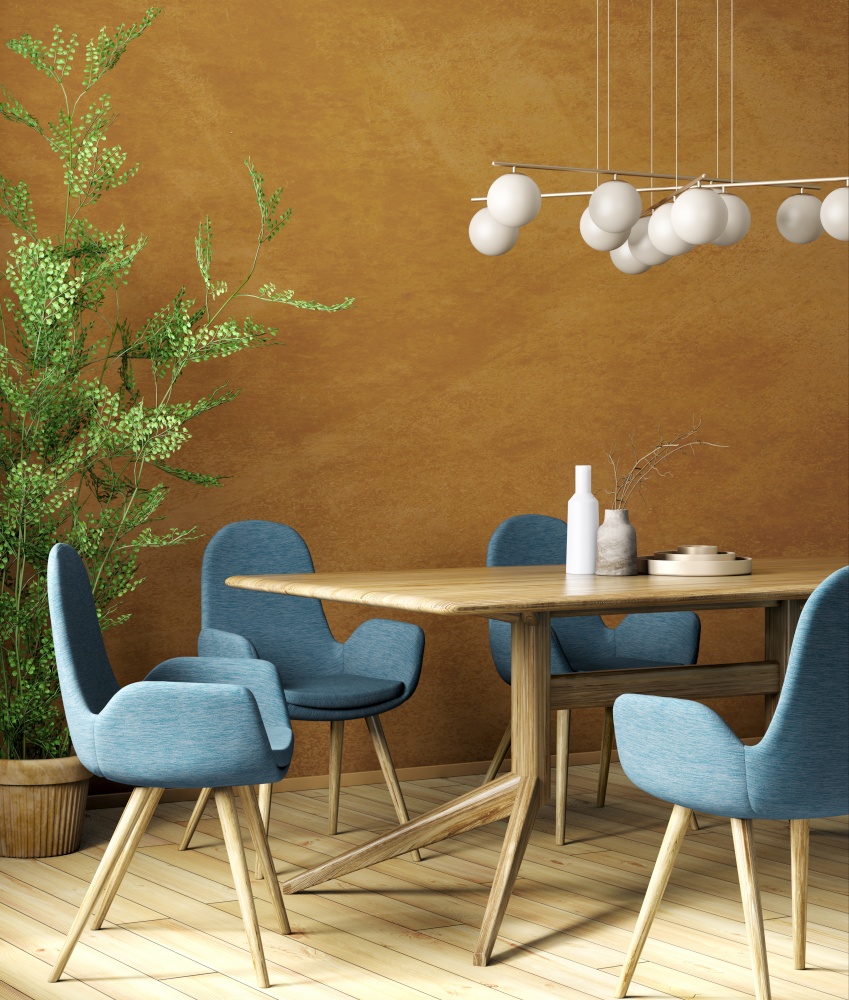 Interior design of modern dining room, wooden table and blue chairs against orange concrete wall 3d rendering