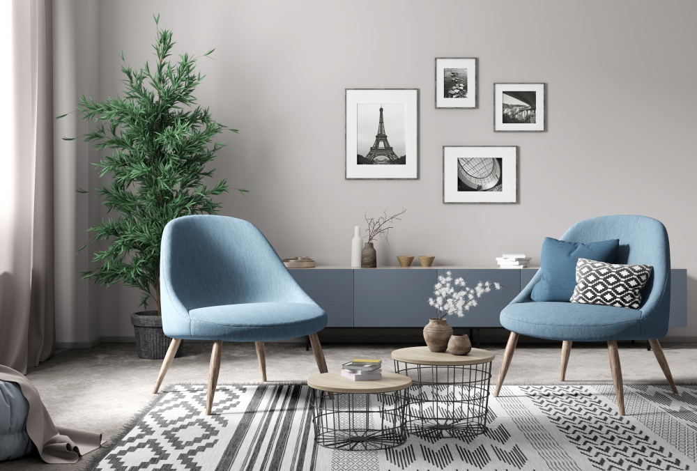 Two blue armchairs in modern scandinavian living room with coffee tables, home interior design 3d rendering
