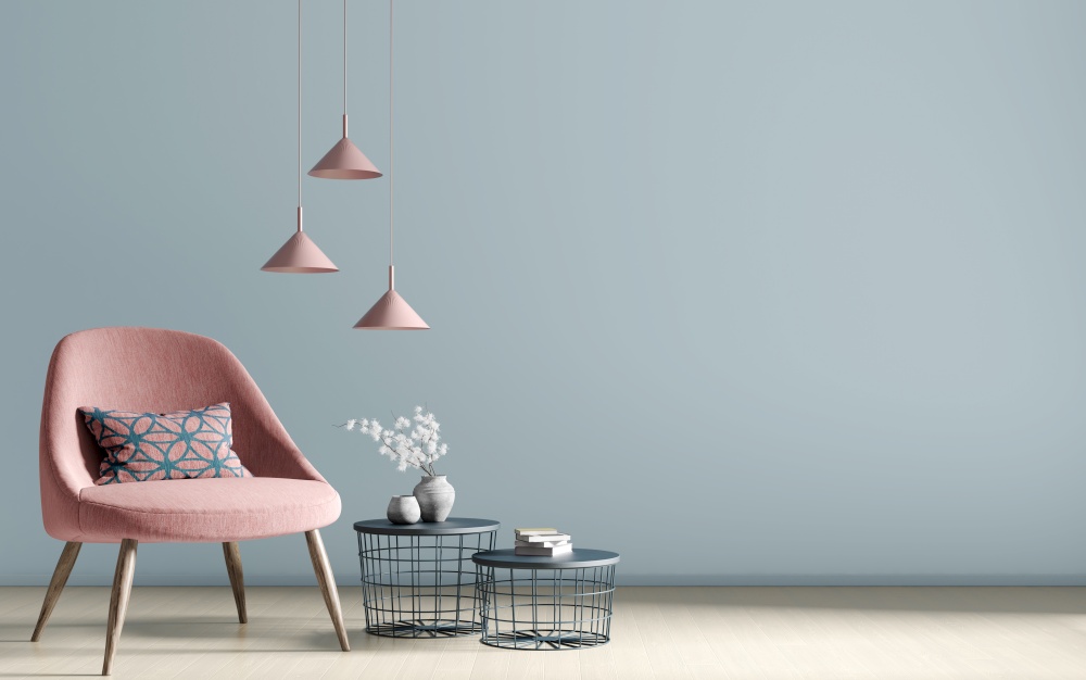 Interior of living room with coffee tables, lamps and  pink armchair over blue wall, home design 3d rendering