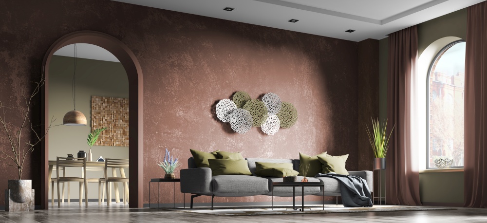 Modern interior design of living room with gray sofa, apartment with red concrete stucco wall and arch door, home design 3d rendering