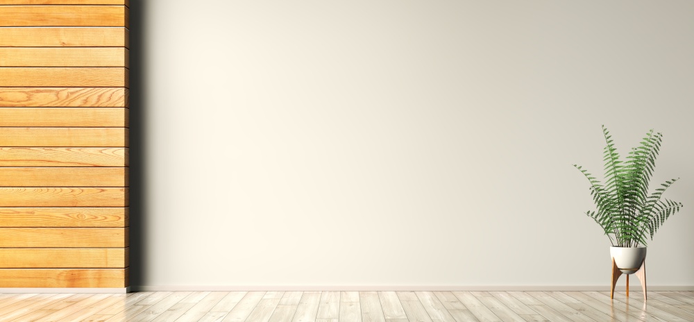 Empty room interior background,wooden paneling, wall with copy space and beige wooden floor, pot with plant 3d rendering