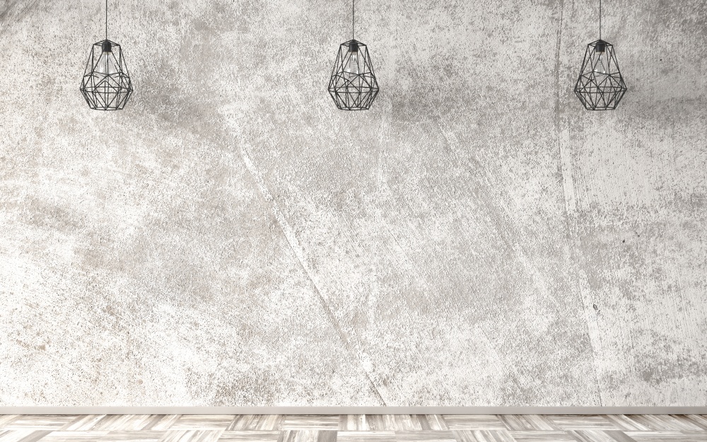 Empty room interior background, beige concrete stucco mockup wall and parquet wooden floor, hanging lamps 3d rendering