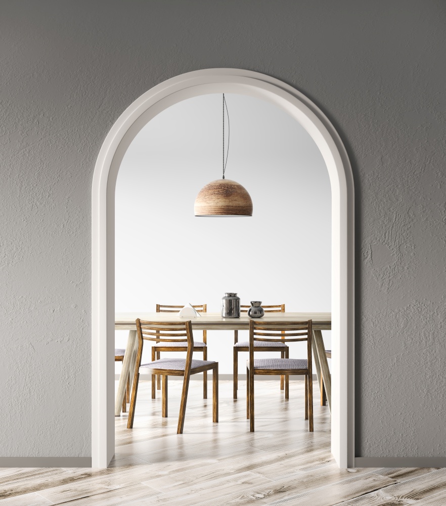 Interior of living room with gray plaster wall and beige arched doorway to the modern dining room, wooden table and chair. Contemporary home design. 3d rendering