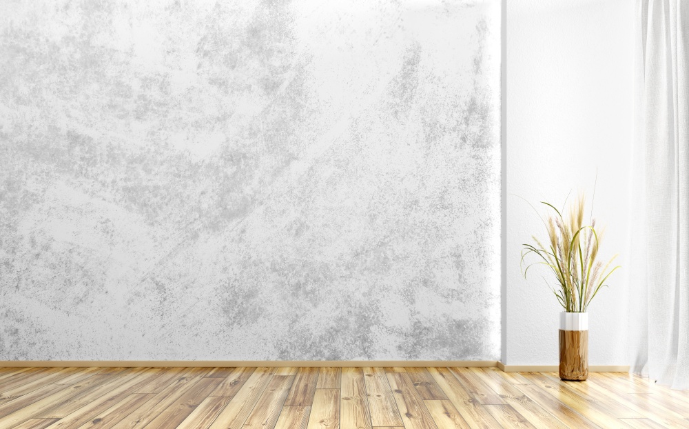 Empty room interior background, white gray stucco or concrete mock up wall. Wooden flooring. Decorative vase with grass. Home mock up design. 3d rendering