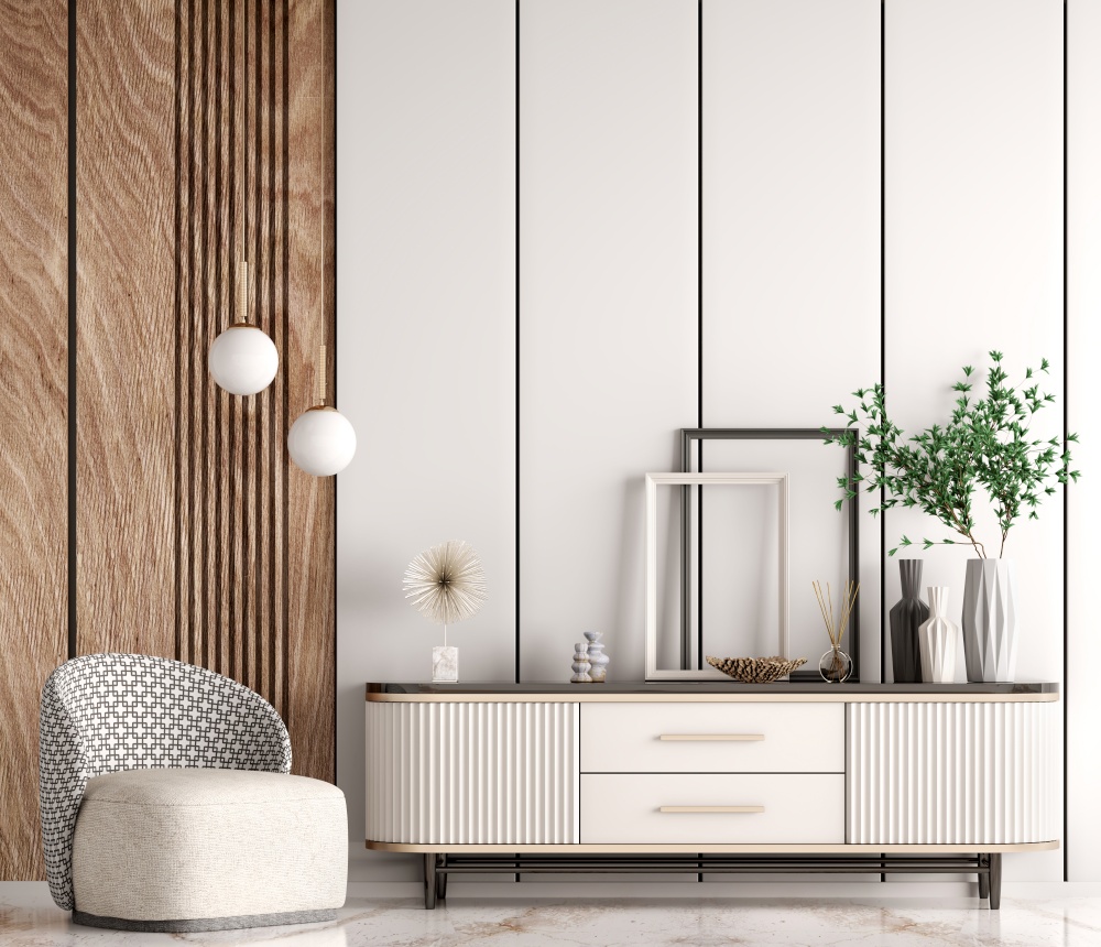 Interior of modern living room with beige sideboard over wooden paneling wall. Contemporary room with  dresser and armchair. Home design with pendant lights. 3d rendering