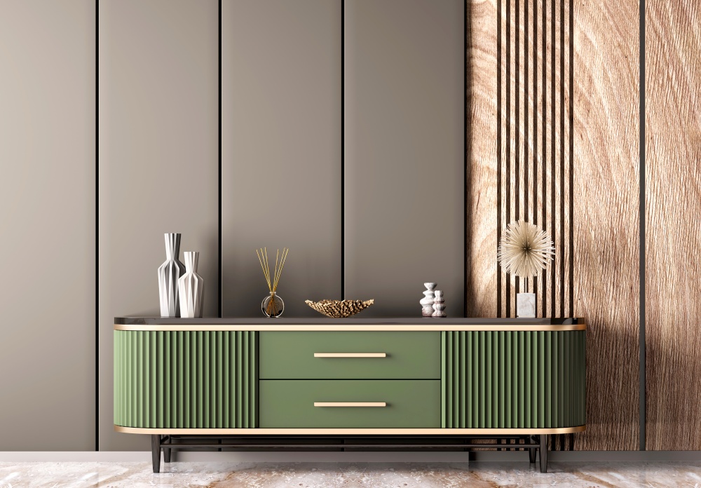Interior of modern living room with green sideboard over wooden paneling wall. Contemporary room with  dresser over black wall. Home design with pendant lights. 3d rendering