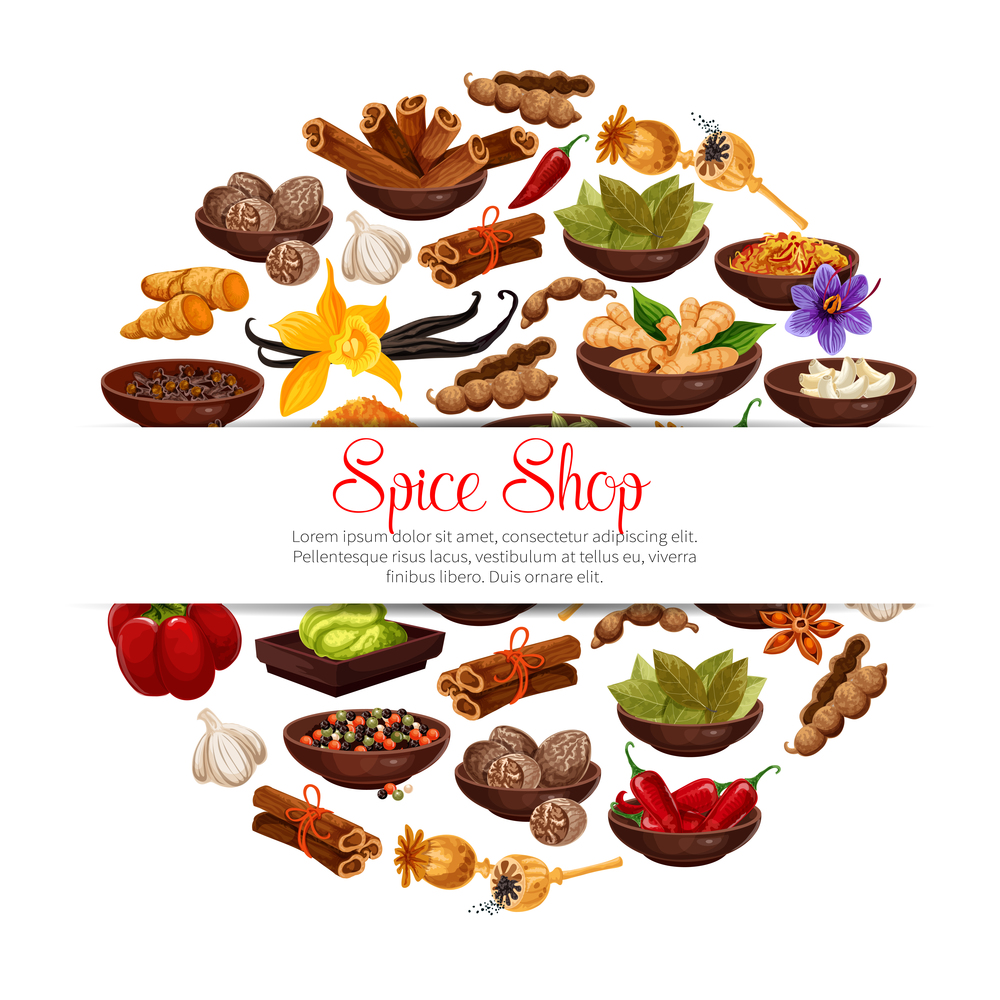 Spices and herbs in bowls poster of herbal seasonings. Vector tamarind, or vanilla and chili pepper, cinnamon and cardamom or cloves seeds and ginger, Indian curry or anise and turmeric with nutmeg. Spices and herbs vector poster