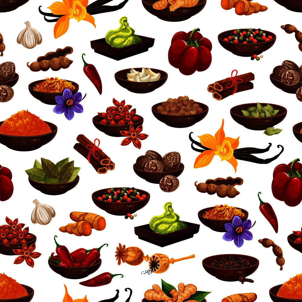 Spice and herb seamless pattern background with aroma food ingredient. Clove, anise star and pepper, cinnamon, ginger and vanilla, cardamom, nutmeg and garlic, cumin, saffron, chili and turmeric. Spice food ingredient seamless pattern background
