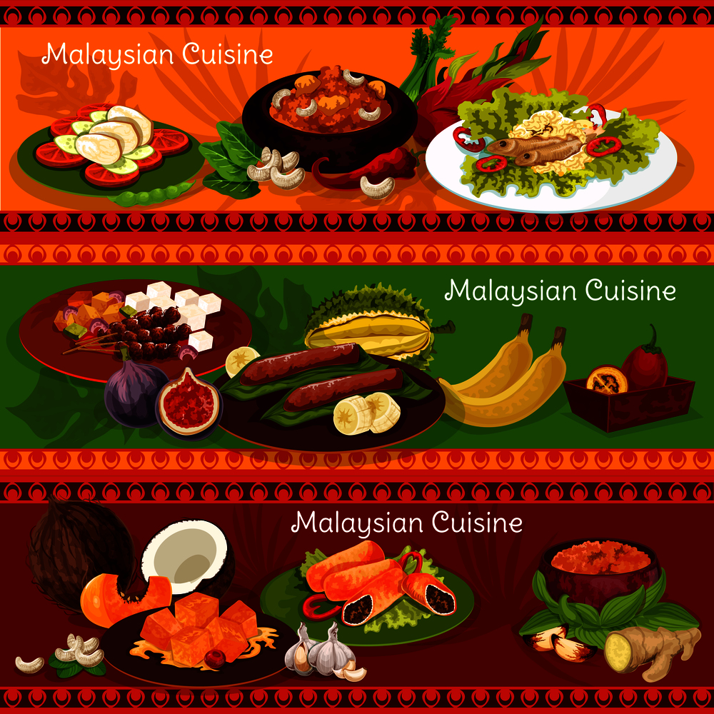 Malaysian cuisine banners for asian restaurant design. Chicken and beef curry with vegetable rice, grilled fish and chicken with bean sprout salad and peanut sauce, meat roll and banana dessert. Malaysian cuisine banners with asian dishes