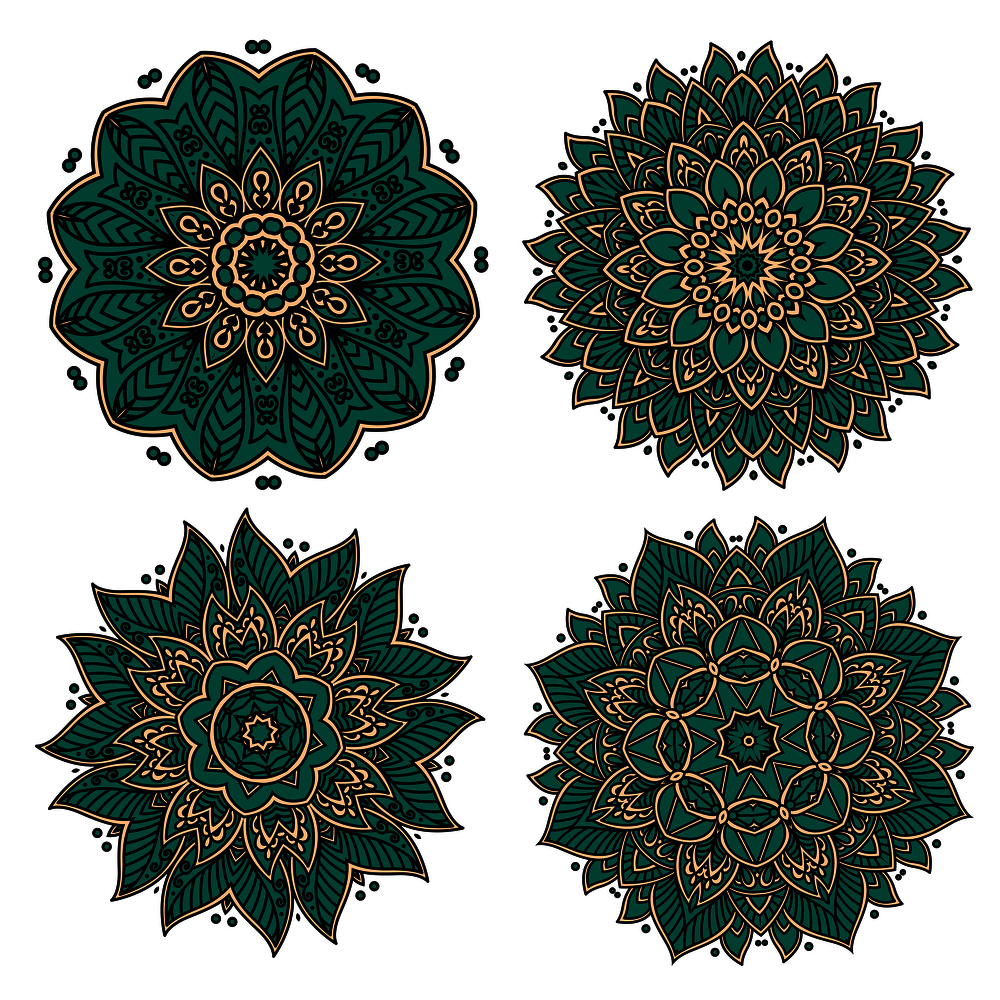 Dark green elegant circular flourish patterns, composed of fragile flower petals with curlicues and wavy lines, for textile or lace embellishment design. Circular green patterns with decorative elements