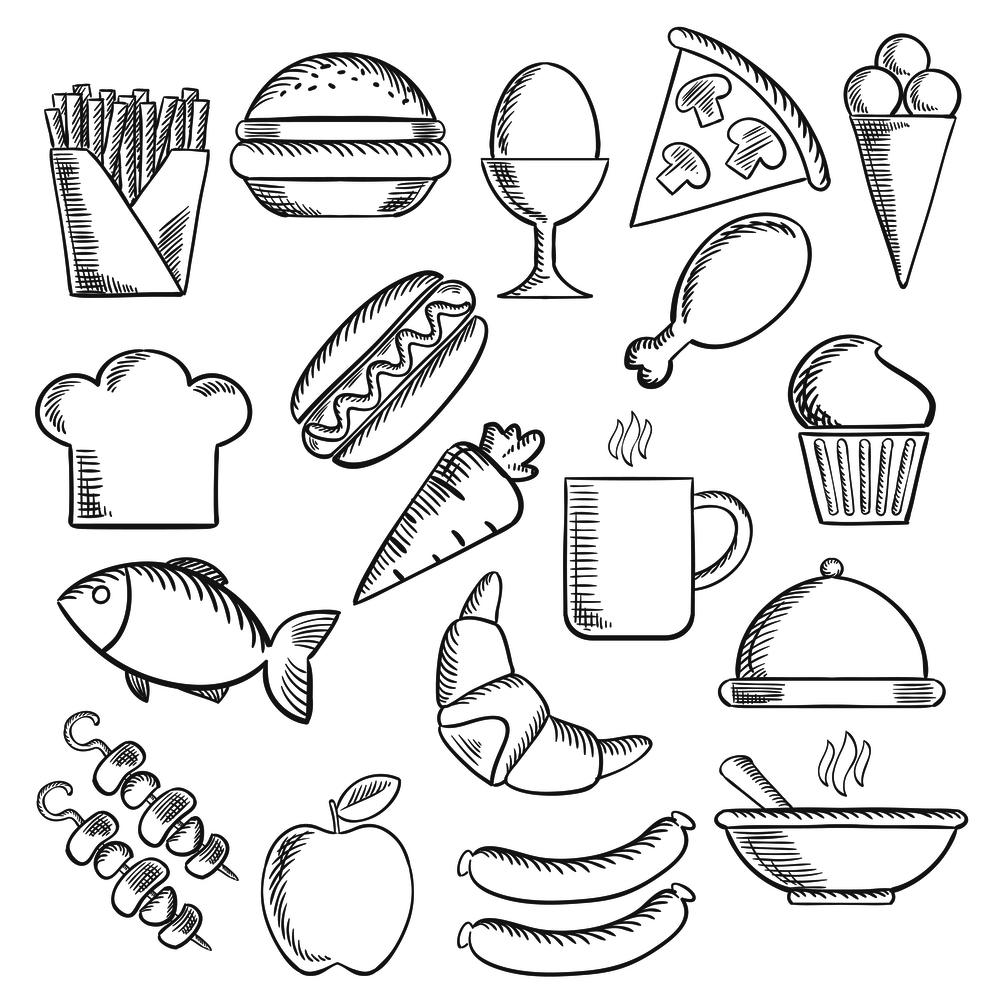 Food, snacks and drinks with pizza, sausage, burger and coffee cup, cake, chicken, egg, ice cream and hot dog, french fries and apple, fish and carrot, croissant and barbecue, soup, toque and tray. Food and snacks sketch icons