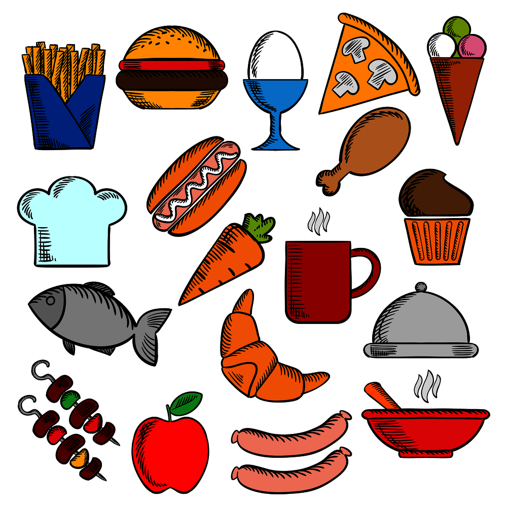 Food and drinks flat icons set with pizza, sausages, burger, coffee cup, cake, chicken and egg, ice cream hot dog french fries, apple, fish, carrot croissant barbecue, soup and chef hat, tray . Food, snacks and dessert icons