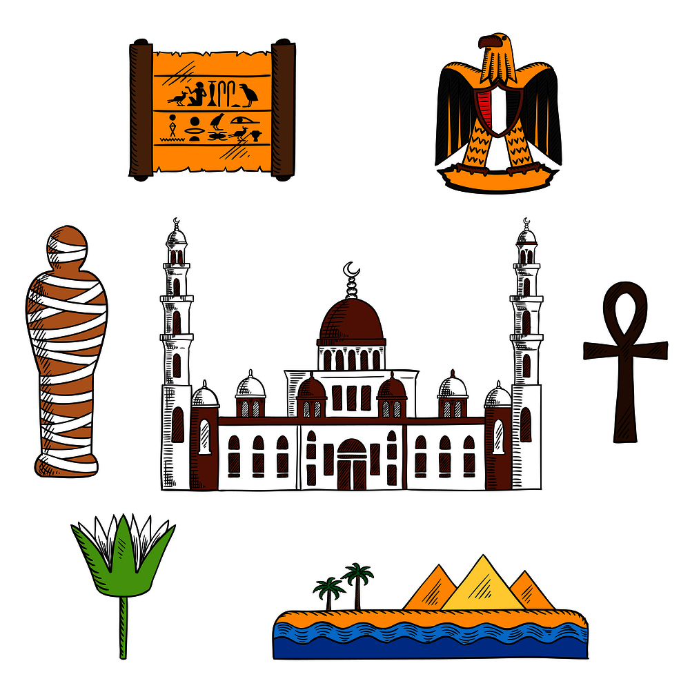 Ancient and modern Egypt symbols for travel design with pharaoh mummy and Giza pyramids, papyrus with hieroglyphics, sacred lotus flower and symbol of life ankh, eagle and Cairo mosque. Icons and symbols of ancient Egypt