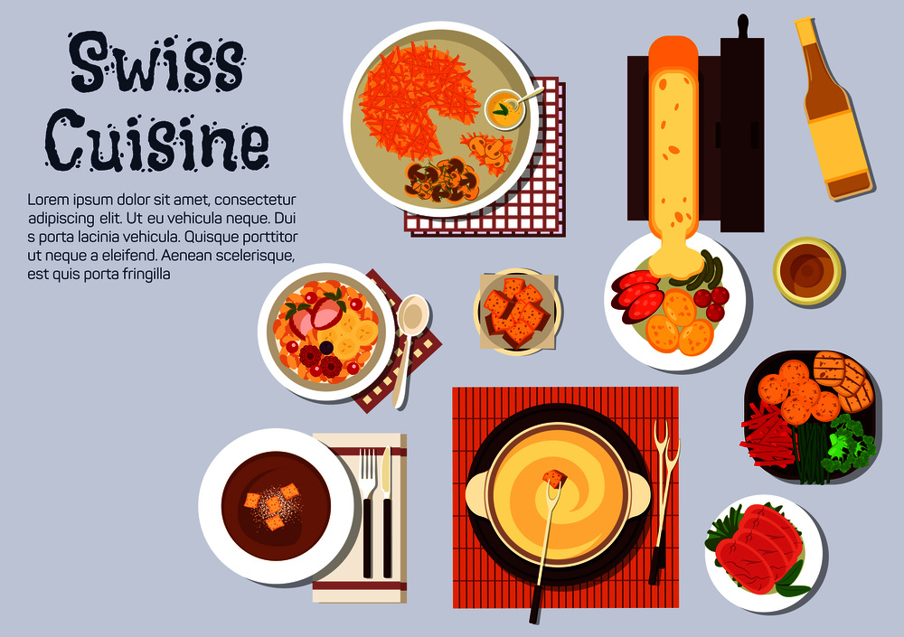 Traditional swiss cheese and chocolate fondue, served with croutons and fresh vegetables, melted cheese raclette with potatoes and sausages, potato fritter rosti and cured lamb, bircher muesli with fresh fruits and wine bottle. Traditional swiss cuisine dinner dishes