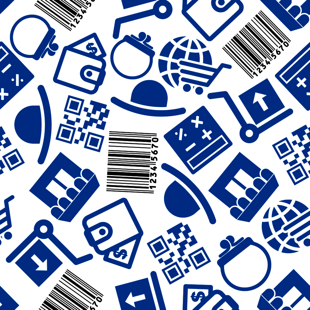 Business, e-commerce and on-line shopping seamless background with blue and black pattern of store buildings and calculators, wallets and barcodes, globes with shopping carts, hand trucks with boxes and hats. Business theme. Business and on-line shopping pattern