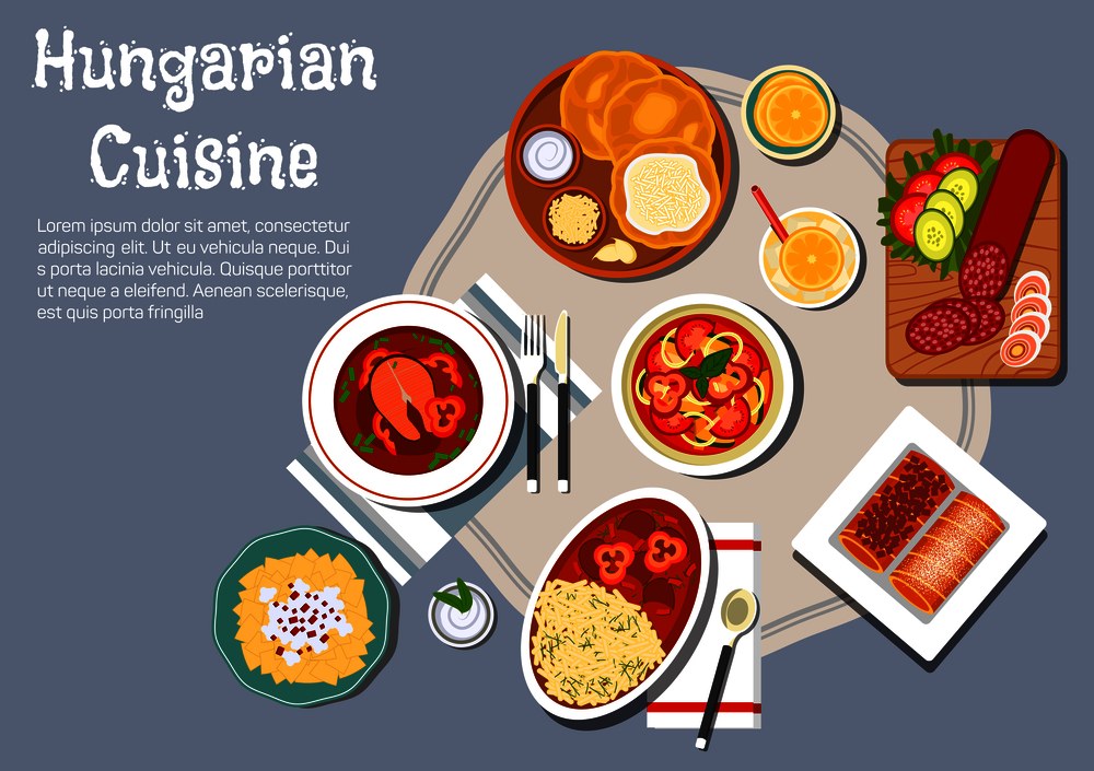 Traditional hungarian cuisine fried bread langos with sour cream and cheese, served with winter salami, egg noodles with cheese and meat stew, spicy fish soup with hot paprika pepper, vegetable salad and stove cakes with lemonade. National hungarian cuisine dishes set