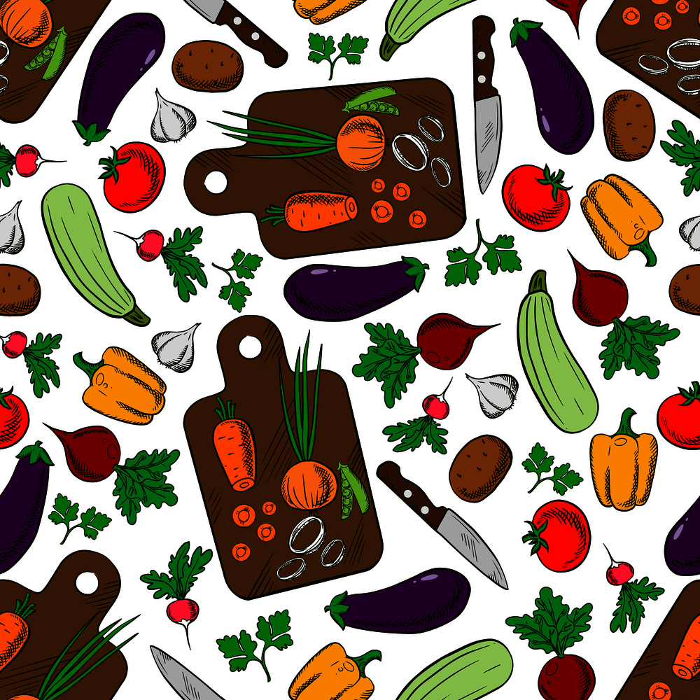 Vegetarian spring salad seamless pattern of wooden cutting boards with knives and fresh carrots, onions and tomatoes, potatoes and bell peppers, eggplants and garlic, zucchini and peas, radishes, beets and parsley. Kitchen interior accessories or vegetarian food themes. Vegetable salad ingredients seamless pattern