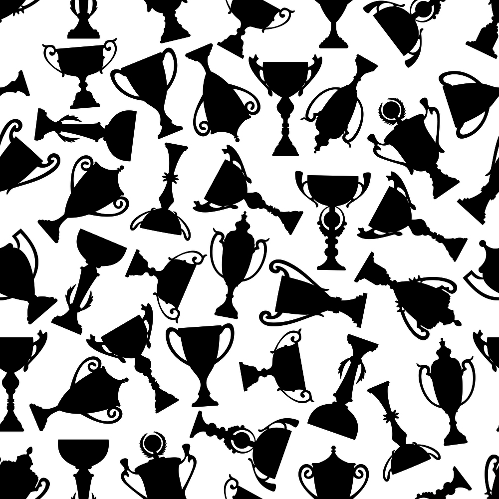 Black and white seamless winner cups pattern with silhouettes of trophies adorned by decorative elements. May be use in sporting competition, award ceremony or leadership theme design . Black and white sport trophies pattern