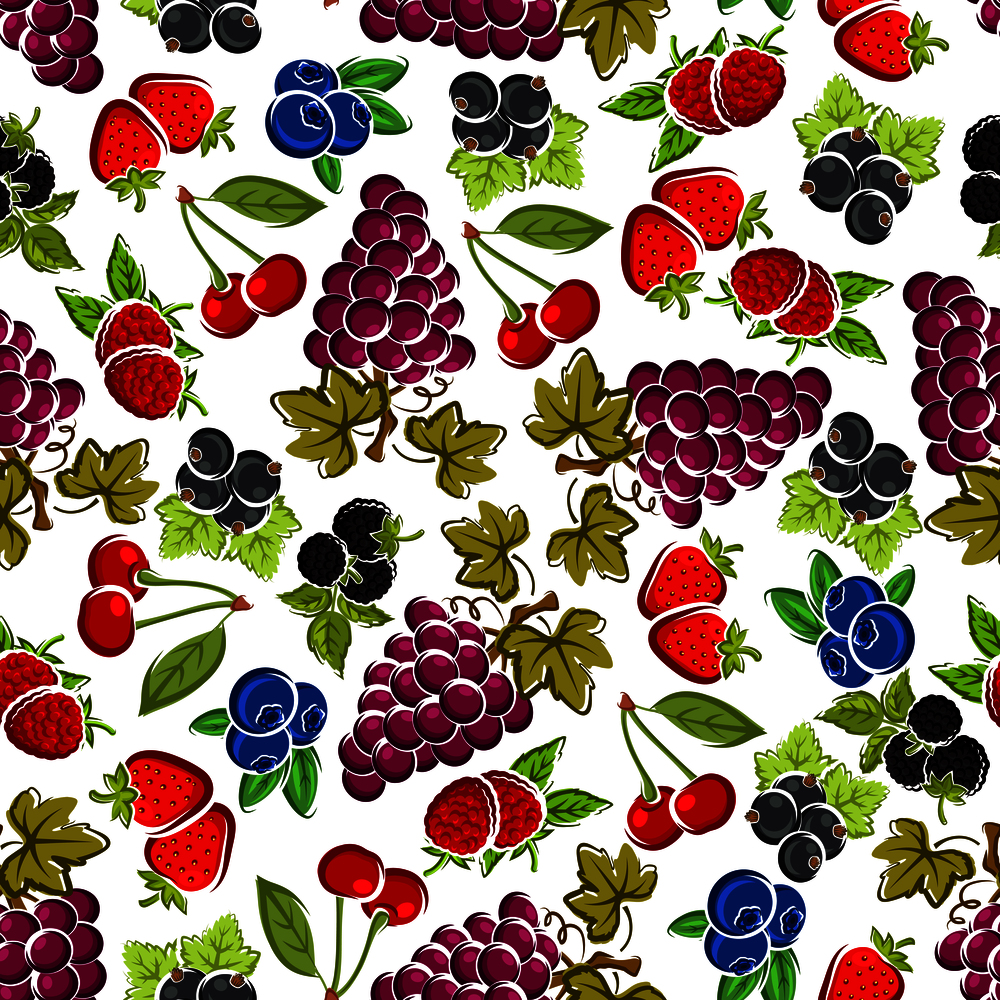 Strawberry and raspberry, violet grape, blackberry and cherry, black currant and blueberry fruits seamless pattern with carved leaves and stems on white background. Organic food, farming, agriculture and kitchen background themes design. Sweet fruits and berries seamless pattern