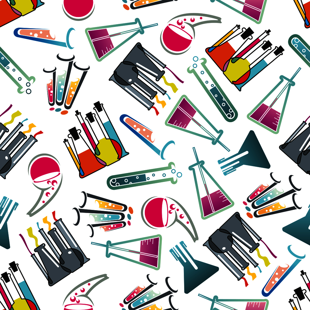 Chemical laboratory theme seamless pattern with test tubes, flasks and beakers filled with colorful liquids with bubbles randomly scattered over white background. Education, science, experiment and research theme design. Laboratory glasses, tubes and flasks pattern