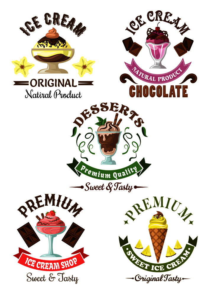 Premium ice cream desserts emblems with enjoyable pineapple soft serve cone and chocolate, vanilla and cherry, strawberry sundae ice cream desserts, decorated by fresh fruits, mint leaves and colorful ribbon banners. Premium ice cream desserts emblems