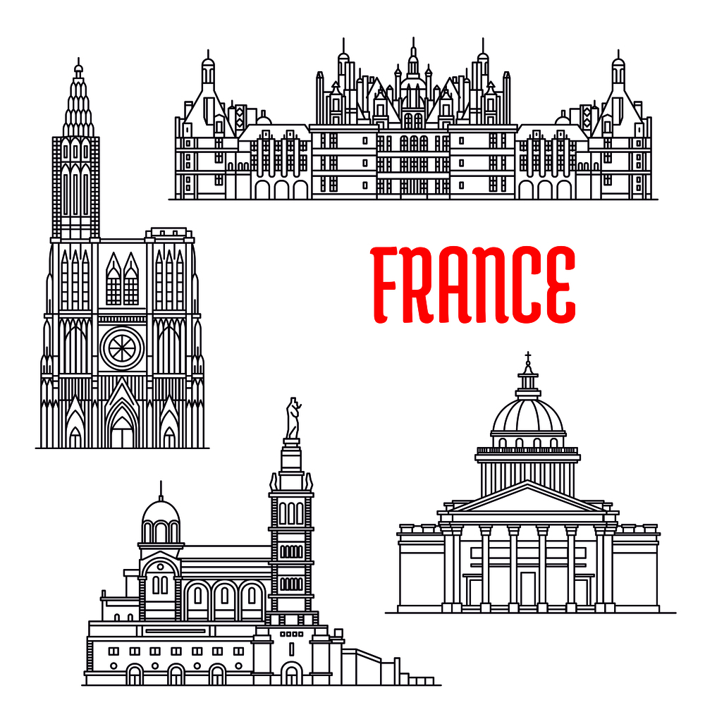 Historic architecture buildings of France. Vector thin line icons of Pantheon, Chateau de Chambord, Basilique Notre Dame de La Garde, Strasbourg Cathedral. French showplaces symbols for souvenirs, postcards. Historic buildings and sightseeings of France