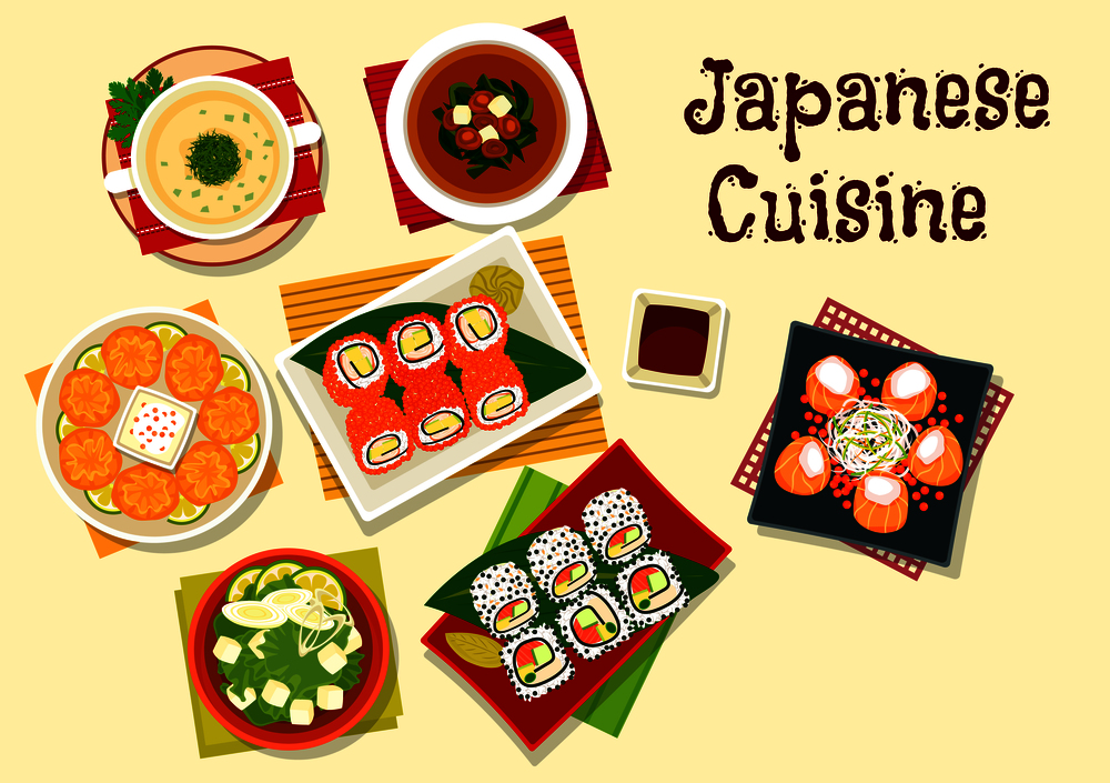 Japanese cuisine dinner icon with sushi rolls with caviar and sesame, wasabi and soy sauce, salmon rolls, shiitake and seaweed soup, spinach chicken soup, fried wontons with shrimp, tofu soup. Japanese cuisine sushi and soups for dinner menu