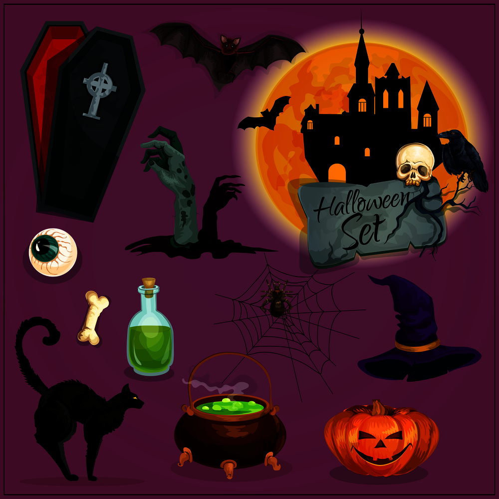 Halloween characters set. Vector cartoon orange pumpkin lantern, witch hat, cauldron potion, haunted castle, zombie graveyard, vampire coffin, skeleton skull, human evil eye. Halloween characters set