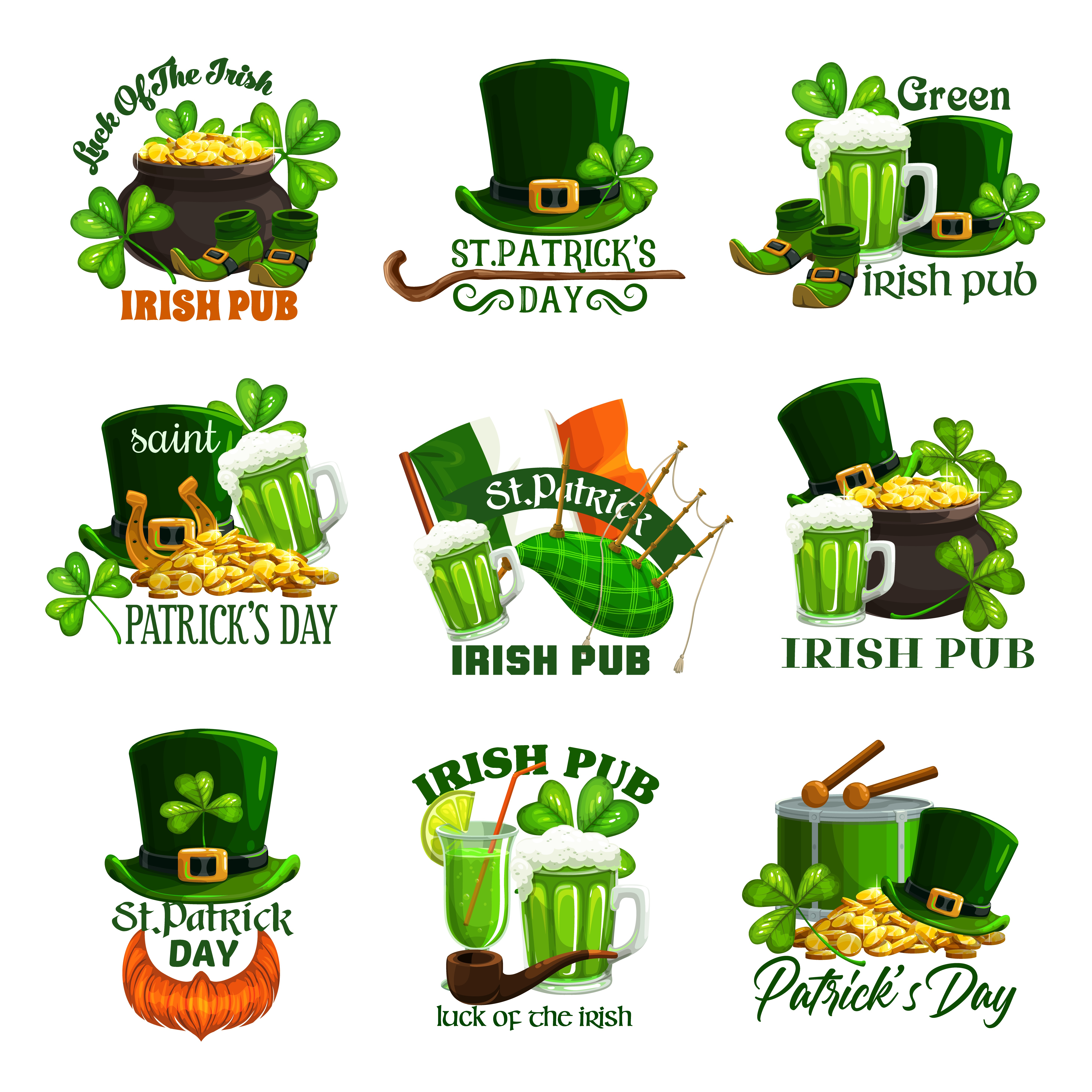 St Patricks Day holiday isolated vector icons. Irish pub green beer, clovers, leprechaun gold pots and hats, golden coins, shamrock leaves and lucky horseshoe, Ireland flag and treasure cauldron. St Patricks Day holiday icons of Irish pub party
