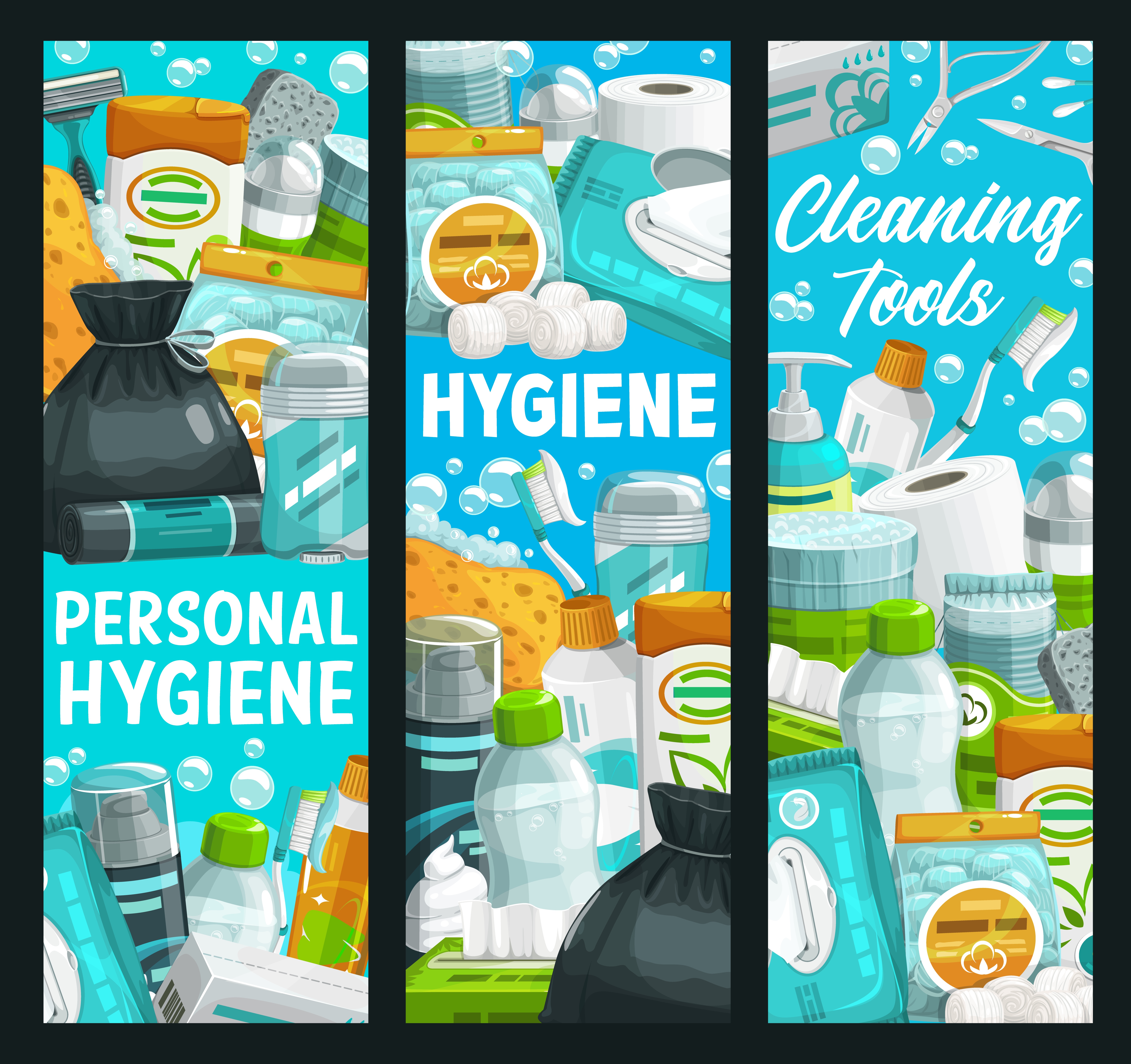 Hygiene, health and personal care, cleaning and bathing items, vector banner. Personal hygiene items, bathroom soap and cream, toothpaste and body shower gel, shampoo, shaving foam and toiletries. Hygiene health, personal care cleaning and bathing