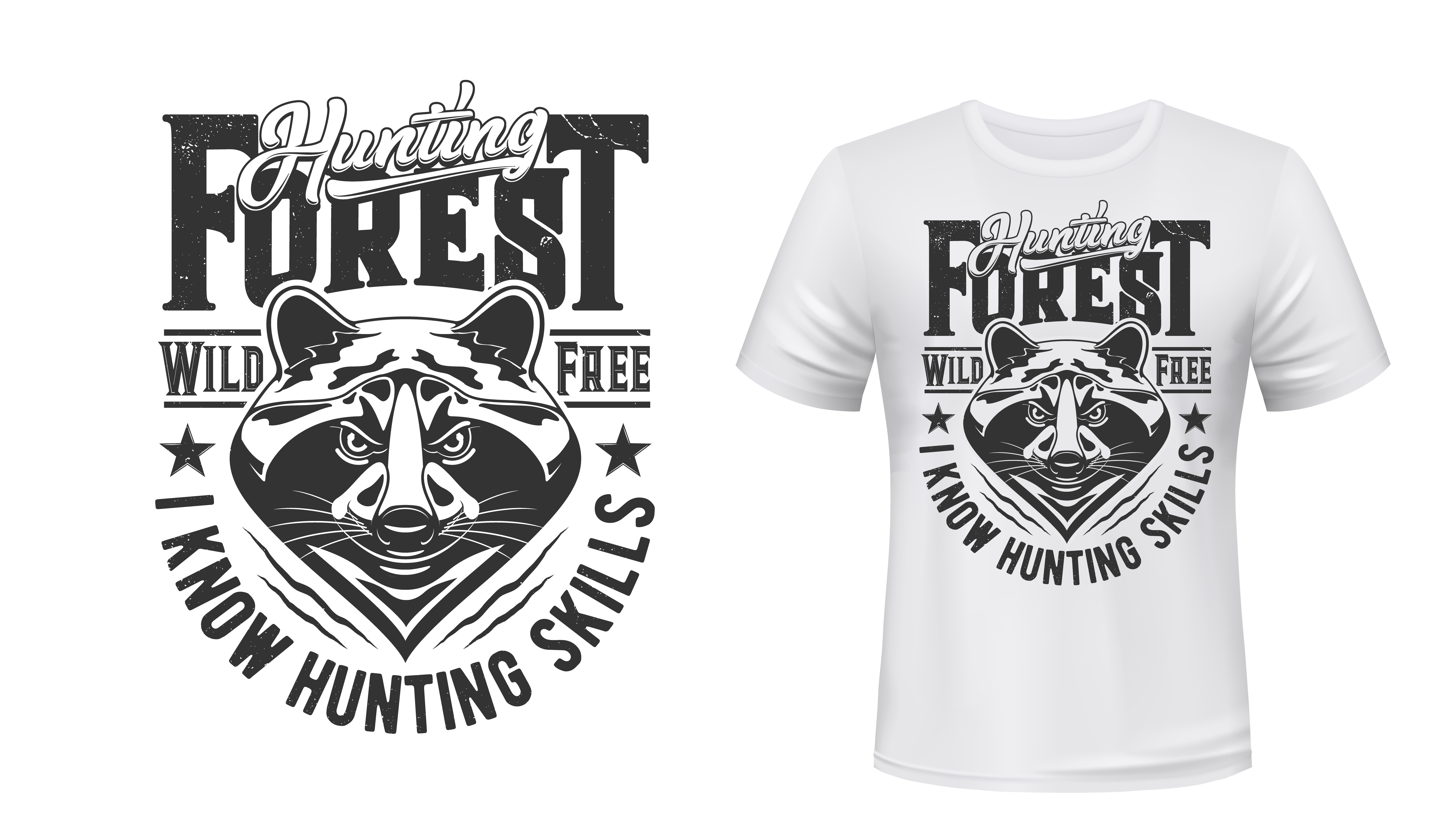 Raccoon hunt t-shirt print mockup hunting club emblem, vector wild animal head. Racoon or raccoon forest hunt, Wild and Free quote for hunter club sign badge and t shirt print. Raccoon hunt t-shirt print mockup hunting club