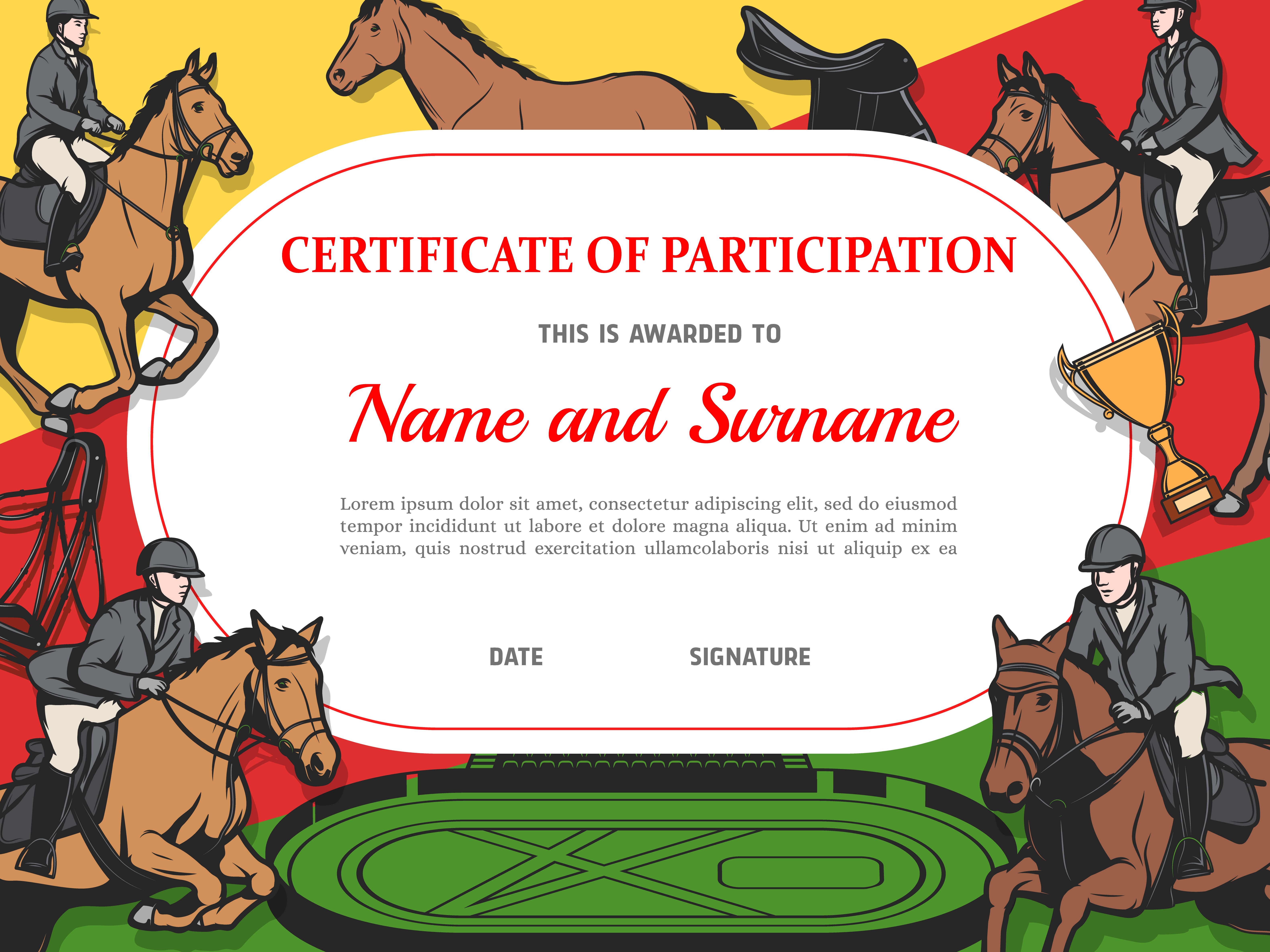 Certificate of participation in horse race, diploma vector template. Stallion racing award border design with horse riders on hippodrome. Victory celebration diploma or best result achievement border. Certificate of participation in horse race diploma