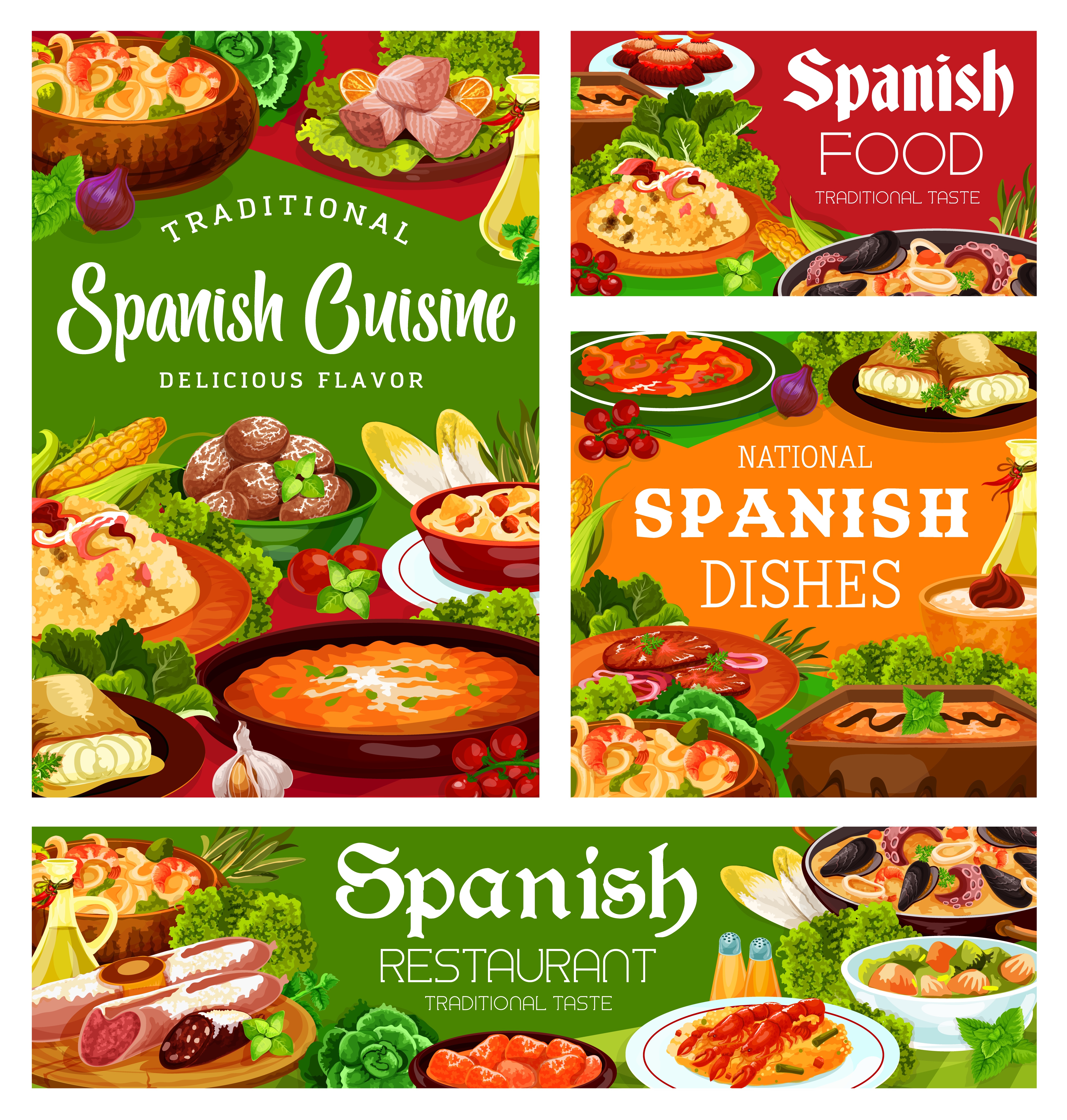 Spanish cuisine food, menu meals and dishes, Spain restaurant meat, paella and snacks tapas, vector. Spanish food seafood and fish paella, lunch and dinner, traditional sausages and pastry. Spanish cuisine food, menu meals and dishes, Spain