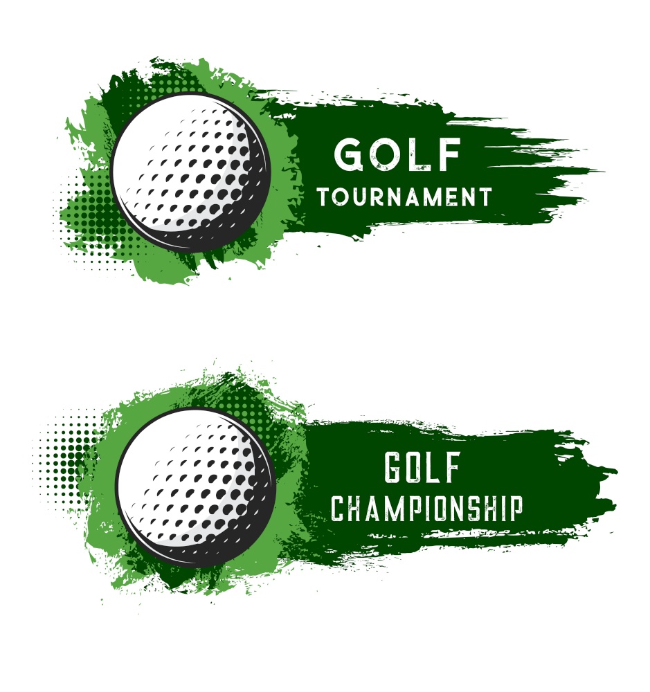 Golf ball with green grunge strokes isolated vector sports accessory on white background. Equipment for playing game, championship or tournament competition. Realistic 3d design elements or labelas. Golf ball with green grunge strokes isolated.