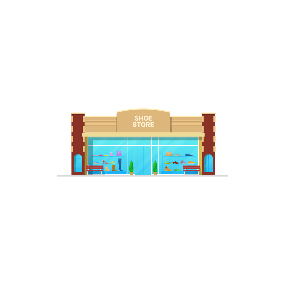 Shoe store or shop, footwear fashion boutique display, vector isolated. Man and woman sport or casual foot wear department, sportswear retail building front with shoes in window showcase. Shoe store or shop, footwear fashion boutique