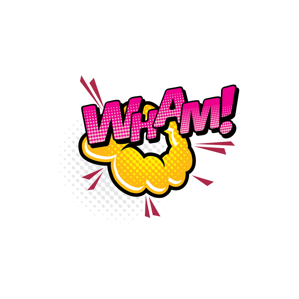 Wham comics pop art half tone cartoon bubble, vector icon. Retro sound yellow and pink cloud blast explosion with halftone pattern, exclamation isolated vintage sign. Wham comics pop art half tone cartoon bubble icon