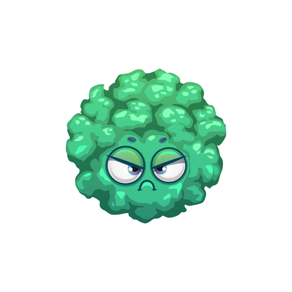 Cartoon virus cell vector icon, knobby bacteria or germ character with sad face. Pathogen microbe monster with big eyes and hilly uneven round body, isolated green cell. Cartoon virus cell vector icon, knobby bacteria