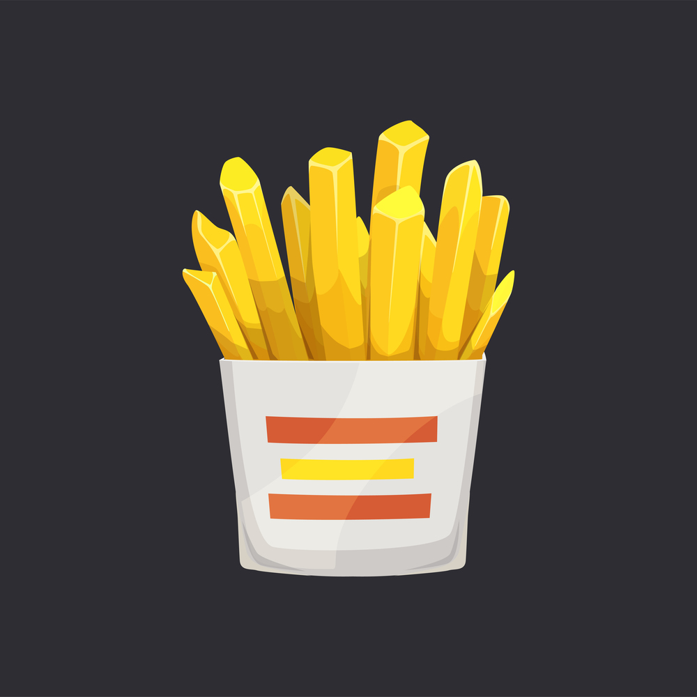 French fries, fried potatoes in white box isolated takeaway food. Vector street food, fastfood snack, crispy fries with salt and paper. French fries, takeaway potato strips, vegetable sticks. Fried potatoes in box isolated fastfood snack icon