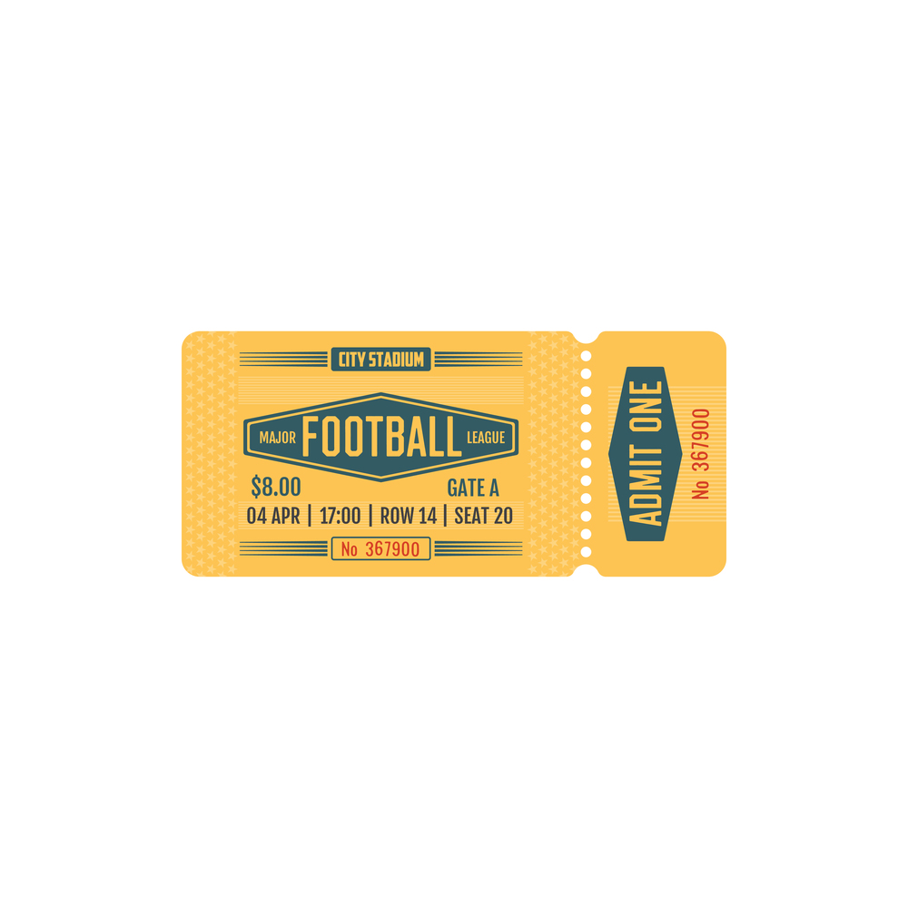 Football ticket major league game, vector card for soccer team match on city stadium. Retro vintage paper or carton admit one template with perforated line isolated on white background. Football ticket major league game, vector card