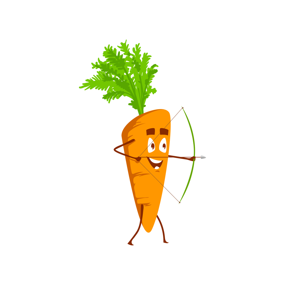Cartoon carrot vegetable shoot with bow. Vector archery sportsman plant, funny character shooting exercises isolated on white background. Healthy food, sports lifestyle, organic nutrition. Cartoon carrot vegetable shoot with bow, archery