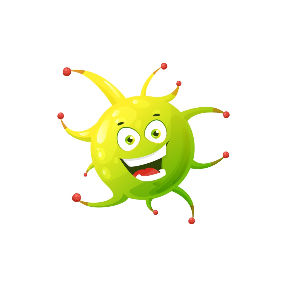 Cartoon virus cell vector icon, furry bacteria or germ character with toothy smiling face. Covid pathogen microbe monster with big wide open eyes, isolated coronavirus yellow green cell with hairs. Cartoon virus cell vector icon, bacteria or germ