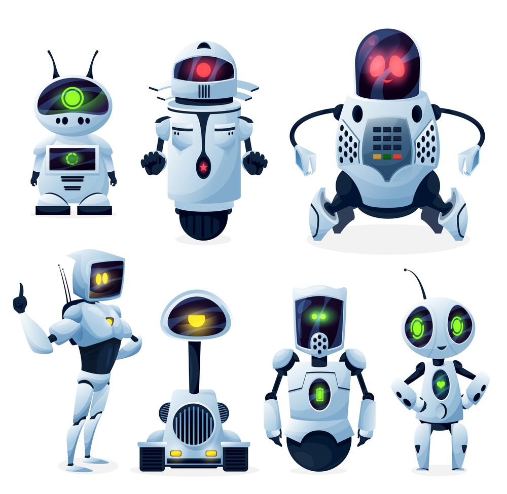 Future androids, alien cyborgs or robot toys. Cute humanoid extraterrestrial robots, with hands and legs, wheels and tracks, clenches and tongs, glowing on screen eyes and antennas cartoon vector set. Future androids, alien cyborg or robot toys vector