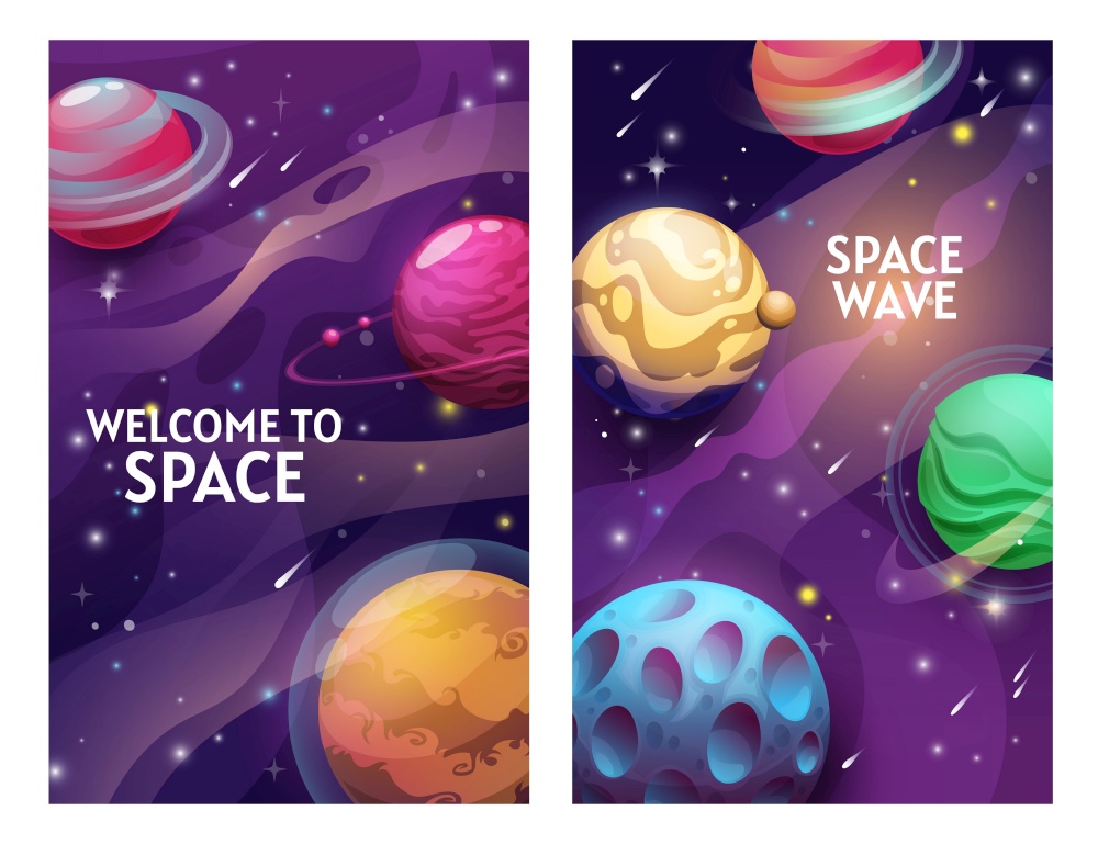 Space posters with cartoon planets, vector galaxy and solar system. Universe exploration, alien planets with orbit rings, waves and stars, bright landscapes or fantastic game surface, welcome to space. Space posters with cartoon planets, vector galaxy