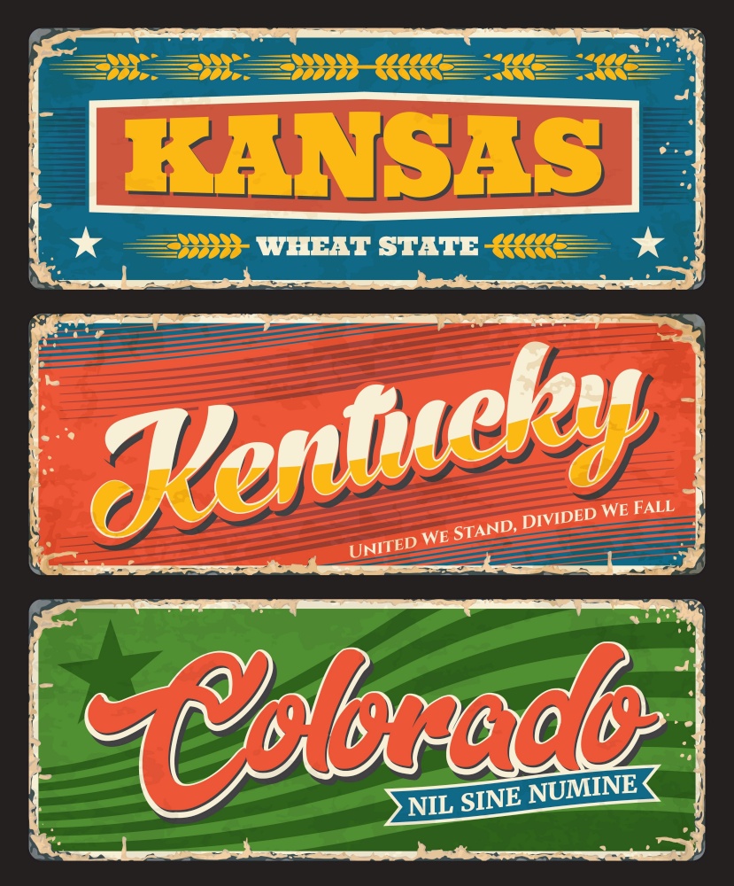 Kansas, Kentucky and Colorado plates, USA states tin signs. America region vector grunge plates, old signs with retro typography, territory mottos and flags. United States travel destination plates. Kentucky, Kansas and Colorado USA state old plates