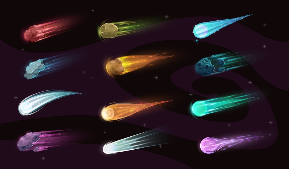 Galaxy asteroids, comets or meteorites with flaming tails. Burning asteroids, stone and ice comets with glowing, colorful trails flying in outer space. GUI, UI vector design elements. Fantasy comet, meteor or asteroid in space
