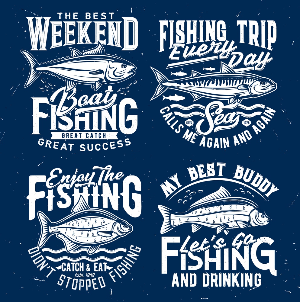 Fishing sport tourism t-shirt print template. Tuna and atlantic mackerel, bream and carp engraved vector. Fishing weekend trip emblem, fisher clothing custom t-shirt print with ocean and river fish. Fishing sport t-shirt print vector templates