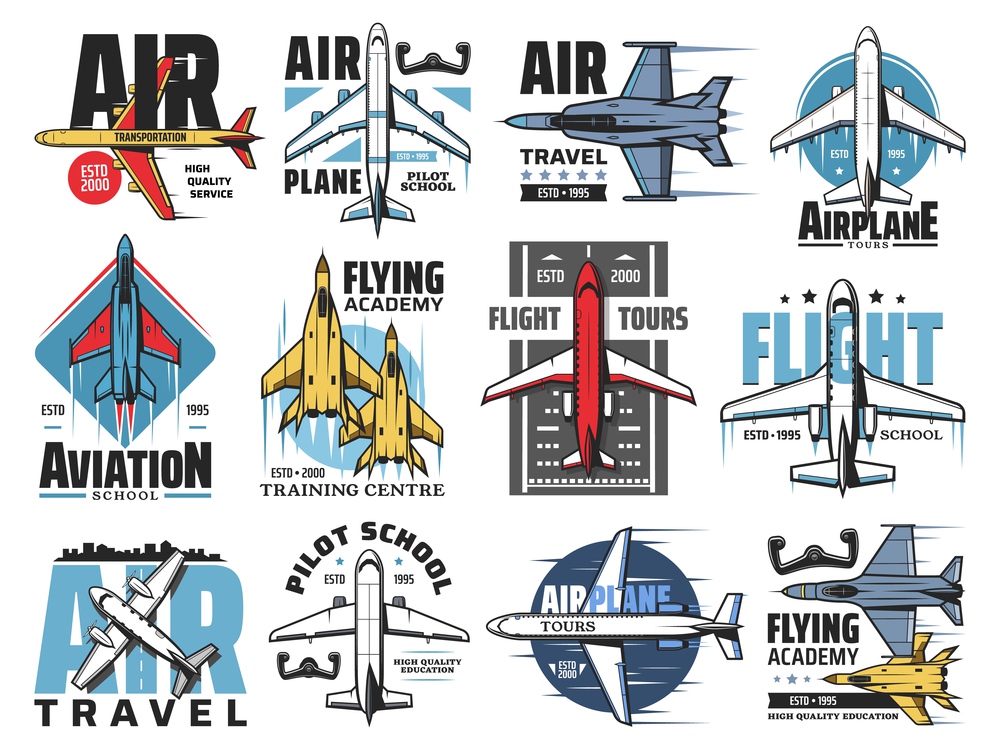 Airplane pilot school, avaiation vector icons set. Air transportation service, flight travel tours emblem or badge. Civil and military airplanes, army jet fighter and passenger airliner. Airplane pilot school, aviation vector icons