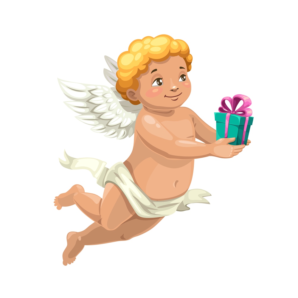 Cupid angel vector character with Valentine Day or wedding gift. Cute cartoon Amur or Cherub with angel wings carrying romantic holiday present box with pink ribbon and bow, greeting design. Cupid angel with Valentine Day or wedding gift